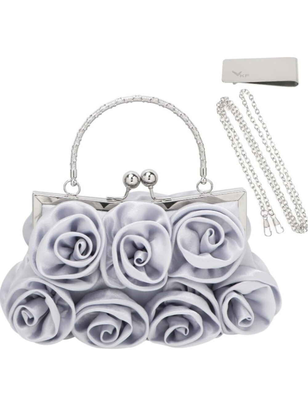Satin Rose Floral Evening Clutch Bag Rhinestone Handle Wedding Purse Silver